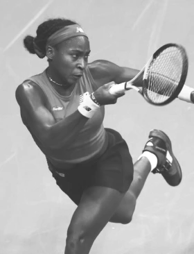 Coco Gauff mid tennis stroke