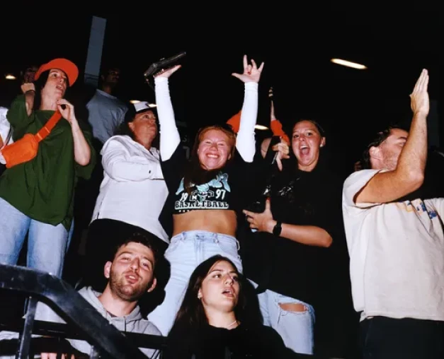 Excited fans at a live sporting event.